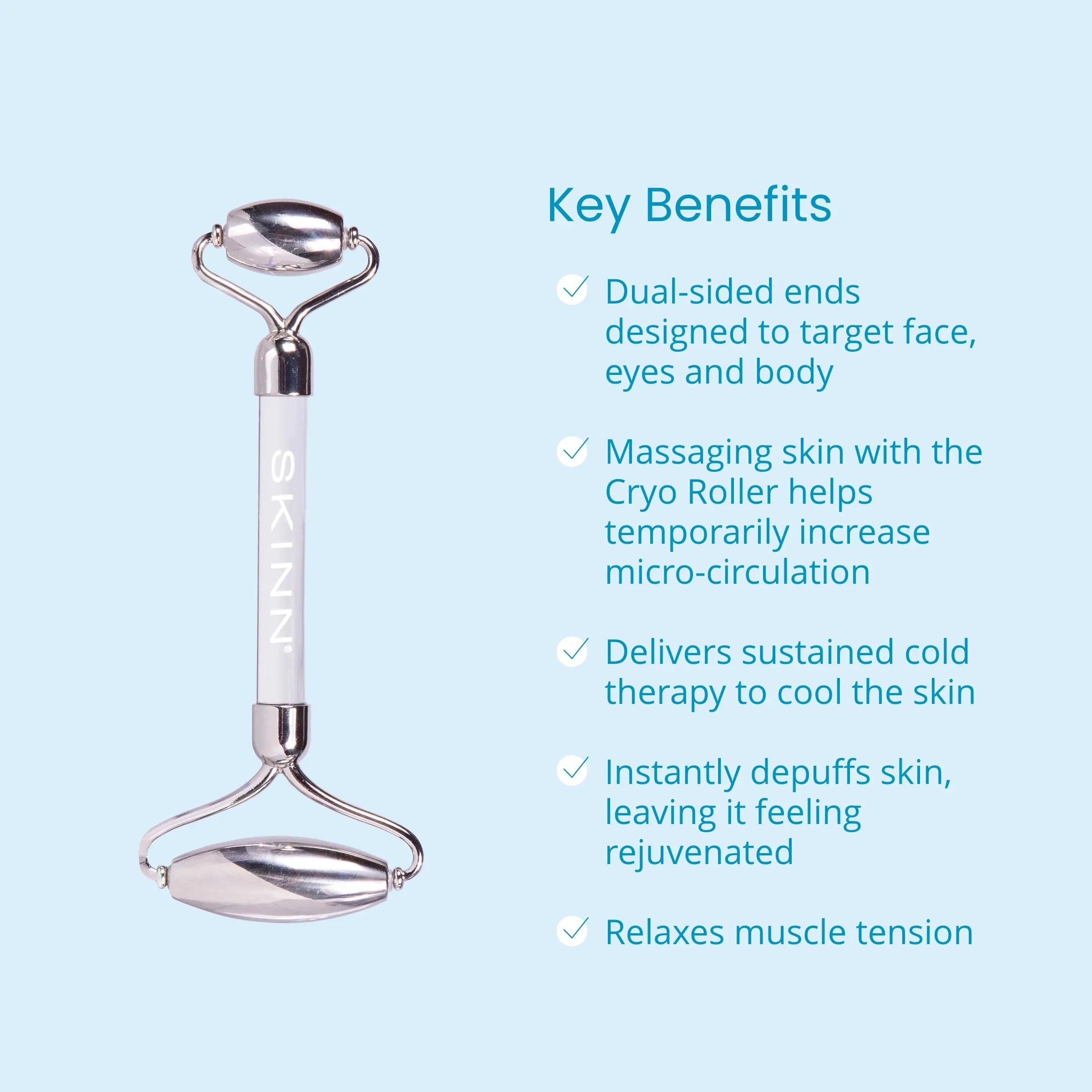 SKINN Cosmetics: Cryo Roller Skincare Stainless Steel Therapy Dual-Ended Professional Grade for Puffiness Reduction Firmness Enhancement & Radiant Complexion Facial Tool