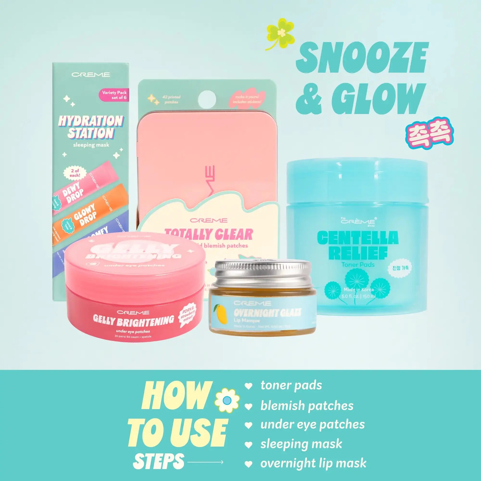 Yonna Jay X Lala Baptiste: Snooze & Glow Skincare Bundle Centella Toner Pads, Blemish Care, Brightening Undereye Patches, Korean PDRN, Strawberry Extract, Ceramides, Skin Barrier Repair, Treat Dark Circles, Hyaluronic Acid, Tea Tree, Collagen, Firming
